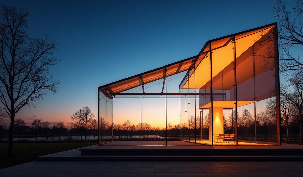 Glass pavilion architectural visualisation at dusk
